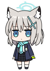 Rule 34 | 1girl, animal ear fluff, animal ears, bell (oppore coppore), black footwear, blazer, blue archive, blue jacket, blue necktie, blue scarf, blush, chibi, closed mouth, commentary request, fringe trim, full body, gloves, green gloves, grey hair, grey skirt, hair between eyes, hair ornament, halo, jacket, looking at viewer, necktie, open clothes, open jacket, plaid, plaid skirt, pleated skirt, scarf, shiroko (blue archive), shoes, simple background, single glove, skirt, socks, solo, standing, white background, white socks