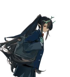 Rule 34 | 1girl, antlers, arknights, bag, bag charm, black hair, black skirt, blue jacket, bow, charm (object), closed mouth, commentary request, dusk (arknights), from side, hair between eyes, highres, horns, jacket, long hair, looking at viewer, looking to the side, pe902, pleated skirt, pointy ears, ponytail, red bow, red eyes, simple background, skirt, solo, very long hair, white background