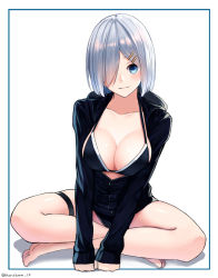Rule 34 | 1girl, alternate costume, bad id, bad pixiv id, blue eyes, blush, breasts, commentary request, eyes visible through hair, hair ornament, hair over one eye, hairclip, hamakaze (kancolle), harukana (harukana 10), indian style, kantai collection, large breasts, long sleeves, looking at viewer, short hair, silver hair, simple background, sitting, smile, solo, swimsuit, swimsuit under clothes, thighs
