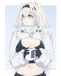 Rule 34 | 1girl, absurdres, animal ears, arknights, aurora (arknights), aurora (elite ii) (arknights), bear ears, black gloves, black hairband, blue eyes, blush, breasts, cleavage, commentary request, crop top, cup, gloves, groin, hairband, highres, holding, holding cup, large breasts, lexielex, long hair, long sleeves, looking to the side, midriff, mug, navel, shrug (clothing), solo, stomach, upper body, very long hair, white hair