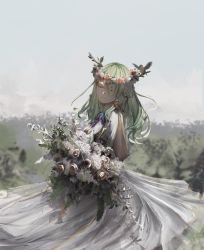 Rule 34 | 1girl, 2022, absurdres, antlers, bouquet, ceres fauna, closed eyes, closed mouth, dress, flower, grey hair, head wreath, highres, holding, holding bouquet, hololive, hololive english, horns, kyatto-mikazu, long hair, outdoors, rose, sky, smile, solo, virtual youtuber, white dress