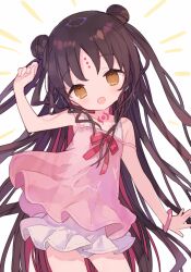 Rule 34 | 1girl, babydoll, bare shoulders, black hair, brown eyes, child, double bun, dress, fate/grand order, fate (series), hair bun, mizumizu (phoenix), multicolored hair, open mouth, pink dress, see-through, see-through babydoll, sessyoin kiara, sessyoin kiara (lily), simple background, solo, white background