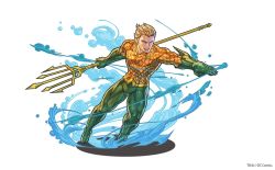 Rule 34 | 1boy, aqua man, aquaman (series), armor, blonde hair, dc comics, full body, gloves, green gloves, male focus, official art, polearm, puzzle &amp; dragons, scale armor, solo, trident, water, weapon