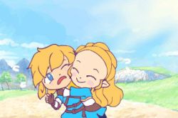 Rule 34 | ^ ^, animated, animated gif, blonde hair, blue eyes, blush, blush stickers, braid, closed eyes, couple, day, french braid, happy, hug, link, long hair, lowres, nintendo, outdoors, pointy ears, princess zelda, sky, smile, the legend of zelda, the legend of zelda: breath of the wild