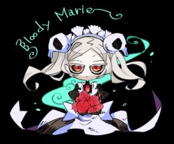 Rule 34 | 1girl, apron, black background, bloody marie (skullgirls), bouquet, brooch, character name, flower, grey hair, hair ornament, half-closed eyes, jewelry, maid headdress, red eyes, skull hair ornament, skullgirls, solo, twintails, yamada9000