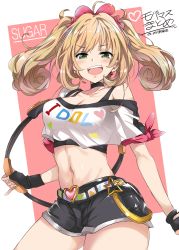 Rule 34 | 1girl, absurdres, belt, black choker, black gloves, black shorts, blonde hair, blush, bow, breasts, choker, cleavage, clothes writing, collarbone, earrings, fingerless gloves, gloves, green eyes, hair bow, heart, heart belt, heart earrings, highres, idolmaster, idolmaster cinderella girls, jewelry, kugimiya atsuki, medium breasts, midriff, multicolored hair, navel, open mouth, red bow, ring fit adventure, sato shin, short hair, shorts, smile, solo, teeth, twintails, upper teeth only