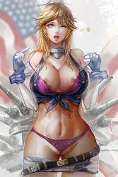 Rule 34 | 10s, 1girl, ;d, absurdres, american flag, bare shoulders, belt, blonde hair, blurry, blurry background, bra, breasts, cannon, cleavage, clothes pull, cowboy shot, erinerin99, eyelashes, eyeliner, eyeshadow, fingerless gloves, front-tie top, gloves, headgear, highres, holding strap, iowa (kancolle), kantai collection, large breasts, lipstick, long hair, makeup, miniskirt, navel, nipple slip, nipples, one eye closed, open mouth, panties, partially visible vulva, purple bra, purple panties, red lips, revision, skindentation, skirt, skirt pull, sleeveless, smile, solo, star (symbol), stomach, strap gap, strap pull, strap slip, turret, underwear, wedgie, wrist cuffs