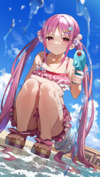 Rule 34 | 1girl, absurdres, amagasa yun, bare shoulders, bikini, blue sky, breasts, brown footwear, closed mouth, cloud, collarbone, commentary request, day, dutch angle, full body, hair ornament, hairclip, heaven burns red, highres, holding, kunimi tama, long hair, looking at viewer, outdoors, pink bikini, pink hair, red eyes, sandals, sky, small breasts, smile, smirk, solo, squatting, star (symbol), star hair ornament, swimsuit, twintails, very long hair, water, water gun