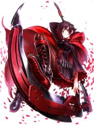 Rule 34 | 1girl, ammunition belt, arm up, boots, brown pantyhose, cape, cross-laced footwear, dress, grey eyes, highres, knee boots, lace-up boots, lain, long sleeves, looking at viewer, pantyhose, petals, purple dress, purple hair, ruby rose, rwby, scythe, simple background, smile, solo, wide sleeves