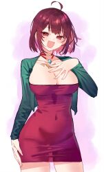 Rule 34 | 1girl, :d, ahoge, atelier (series), atelier sophie, breasts, cleavage, commentary request, covered navel, dress, hand on own chest, highres, jewelry, large breasts, looking at viewer, necklace, open mouth, red dress, red eyes, red hair, ryuuno6, short hair, smile, sophie neuenmuller, standing, thighs