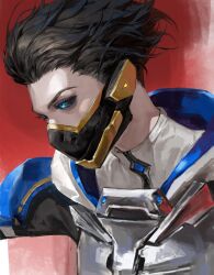 Rule 34 | 1girl, absurdres, apex legends, apex voidshifter wraith, armor, black hair, black jacket, black sclera, blue eyes, breastplate, chinese commentary, colored sclera, eye trail, from side, grey shirt, hair slicked back, highres, hood, hood down, jacket, kiiwy, light trail, looking down, mask, mouth mask, official alternate costume, portrait, realistic, shirt, short hair, solo, wraith (apex legends)