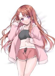 Rule 34 | 1girl, 2023, artist name, black tank top, brown hair, commentary request, dated, eyelashes, highres, hijiri ageha, hirogaru sky! precure, jacket, long hair, looking at viewer, lying, midriff, navel, okayashi, pink jacket, pink shorts, precure, purple eyes, shorts, signature, sketch, solo, tank top, white background