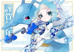 Rule 34 | 1girl, aqua eyes, bazumi, blue hair, blue skin, border, closed mouth, colored skin, commentary request, coral hair ornament, creatures (company), e-liter 4k (splatoon), fish, game freak, gen 2 pokemon, gradient hair, gun, highres, holding, holding gun, holding weapon, japanese clothes, kimono, kingdra, medium hair, multicolored clothes, multicolored hair, multicolored kimono, nintendo, octoling, octoling girl, octoling player character, outside border, pokemon, pokemon (creature), red eyes, seahorse, slit pupils, splatoon (series), splatoon 3, tentacle hair, translation request, weapon, white background, yellow border