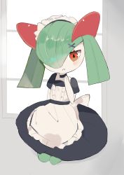 Rule 34 | 1girl, absurdres, apron, back bow, black choker, black dress, blush, bow, center frills, choker, clothed pokemon, colored skin, creatures (company), dress, female focus, flat chest, frilled apron, frills, full body, game freak, gen 3 pokemon, green hair, green skin, grey background, hair ornament, hair over one eye, hand to own mouth, hand up, highres, indoors, kirlia, kneeling, looking at viewer, maid, maid apron, maid headdress, medium hair, multicolored skin, natsumiko, nintendo, one eye covered, open mouth, pokemon, pokemon (creature), puffy short sleeves, puffy sleeves, red eyes, seiza, short dress, short sleeves, sidelocks, sitting, sketch, solo, two-tone skin, white apron, white bow, white skin, window, x hair ornament