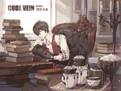 Rule 34 | 1boy, black gloves, black hair, book, book stack, bookshelf, bracelet, candelabra, candle, candlestand, chair, closed mouth, code vein, cup, dated, gloves, hair over one eye, holding, holding book, indoors, jewelry, loladestiny, male focus, necklace, open book, reading, red eyes, sitting, sleeves rolled up, solo, table