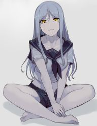 Rule 34 | 1girl, abyssal ship, barefoot, breasts, collarbone, crossed legs, denim, denim shorts, female focus, fingernails, full body, grey background, highres, kantai collection, long hair, looking at viewer, medium breasts, pale skin, parted lips, sailor collar, short sleeves, shorts, sidelocks, silver hair, simple background, sitting, smile, solo, ta-class battleship, teeth, toes, unzipped, walzrj, yellow eyes