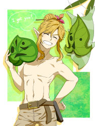 Rule 34 | 1boy, ^ ^, abs, blonde hair, blush, closed eyes, earrings, english text, hand on own hip, highres, jewelry, link, long hair, male focus, mask, nintendo, pointy ears, saiba (henrietta), smile, solo, the legend of zelda, the legend of zelda: breath of the wild, topless male