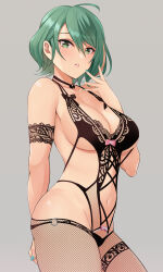 Rule 34 | 1girl, arm behind back, armband, bow, breasts, choker, cleavage, collarbone, cowlick, dead or alive, dead or alive xtreme, dead or alive xtreme venus vacation, fishnets, green eyes, green hair, grey background, hair between eyes, heart, highres, konishiki (52siki), lace, lace trim, light blush, lingerie, medium breasts, mole, mole under eye, multicolored hair, nail polish, o-ring, pink bow, roman numeral, short hair, simple background, sleeveless, solo, streaked hair, tamaki (doa), underwear