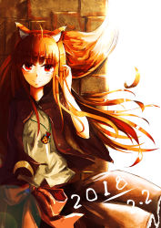 Rule 34 | 1girl, absurdres, animal ears, brick wall, brown hair, brown skirt, cloak, closed mouth, hand in own hair, highres, holo, long hair, looking at viewer, pouch, red eyes, shirt, skirt, solo, spice and wolf, tail, wolf ears, wolf tail, z2byytla