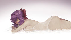 Rule 34 | 1girl, absurdres, ass, bare arms, bare shoulders, blush, bow, breast press, breasts, brown eyes, closed mouth, competition swimsuit, from side, gradient background, hair bow, hair intakes, half-closed eyes, highres, hiiragi shinoa, large breasts, long hair, looking at viewer, looking to the side, lying, on stomach, one-piece swimsuit, owari no seraph, purple hair, red bow, rou (rou22), shallow water, sideboob, solo, swimsuit, water, wet, wet clothes, wet swimsuit, white background, white one-piece swimsuit