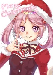 Rule 34 | 1girl, blush, buttons, christmas, closed mouth, fork, hair bobbles, hair ornament, hat, highres, holding, holding fork, juliet sleeves, kantai collection, long sleeves, matoma (matoma 00), merry christmas, official alternate costume, pink eyes, pink hair, pom pom (clothes), puffy sleeves, red hat, santa hat, sazanami (kancolle), short hair, simple background, smile, solo, tongue, tongue out, twintails, twitter username, upper body, white background