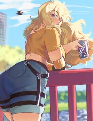 Rule 34 | 1girl, absurdres, ass, bent over, blonde hair, blue shorts, blue sky, breasts, can, commentary, crop top, day, denim, drink can, from behind, hentaly, highres, large breasts, long hair, looking at viewer, looking back, mechanical arms, o-ring, outdoors, park, purple eyes, railing, rwby, shorts, single mechanical arm, sky, soda can, solo, symbol-only commentary, wind, wind lift, yang xiao long