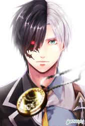 Rule 34 | 1boy, bad id, bad pixiv id, black hair, expressionless, fusion, green eyes, heterochromia, ludger will kresnik, male focus, mismatched sclera, multicolored hair, red eyes, sacchan (hn0816), solo, split-color hair, split theme, spoilers, tales of (series), tales of xillia, tales of xillia 2, twitter username, two-tone hair, upper body, victor (tales), white background, white hair