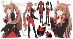 Rule 34 | 1girl, animal ears, blush, bodysuit, breasts, brown hair, butterfly hair ornament, character sheet, choker, commentary, fox ears, fox tail, from behind, from side, full body, fumi (nijisanji), hair ornament, hirai yuzuki, large breasts, long hair, long sleeves, looking at viewer, multiple views, nijisanji, open mouth, pilot suit, ponytail, simple background, smile, tail, turnaround, upper body, virtual youtuber, white background, yellow eyes