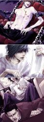 Rule 34 | 00s, 3boys, arm grab, bags under eyes, black hair, blood, brown hair, chair, death note, glasses, hair over eyes, l (death note), lily (artist), male focus, multiple boys, open fly, paper, realistic, ryuk, topless male, sitting, skull, unzipped, yagami light, yagami souichirou