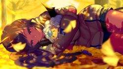 Rule 34 | 1girl, autumn, autumn leaves, blue shorts, blurry, blurry background, blurry foreground, closed mouth, coat, commentary request, cowboy shot, day, falling leaves, futayamam2, gloves, grey jacket, hair ornament, half-closed eyes, highres, honey strap, hugging object, jacket, leaf, long hair, long sleeves, lying, nanashi inc., on ground, on side, outdoors, pantyhose, pink gloves, pink pantyhose, pocket, purple hair, shadow, shimamura charlotte, shorts, sky, sleeves past wrists, smile, solo, straight hair, stuffed animal, stuffed sheep, stuffed toy, sunlight, tree, virtual youtuber, white sky, winter clothes, winter coat, yellow background, yellow eyes, zipper pull tab