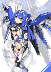 Rule 34 | 1girl, blue hair, breasts, char&#039;s counterattack, char&#039;s counterattack - beltorchika&#039;s children, cleavage, clothing cutout, fin funnels, from above, green eyes, gundam, hand on own chest, hi-nu gundam, highres, i.takashi, looking at viewer, looking up, mecha musume, mechanical wings, personification, solo, stomach cutout, wings