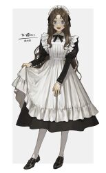 Rule 34 | apron, apron hold, black bow, black bowtie, black dress, black footwear, black ribbon, blue eyes, border, bow, bowtie, breasts, brown hair, commission, dress, freckles, full body, grey background, hair ribbon, highres, loafers, long hair, long sleeves, looking at viewer, maid, maid headdress, open mouth, original, outside border, pantyhose, parted bangs, puffy long sleeves, puffy sleeves, ribbon, sakauchi waka, shoes, simple background, skeb commission, small breasts, smile, solo, teeth, upper teeth only, white apron, white border, white pantyhose