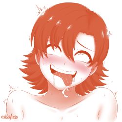 Rule 34 | 1girl, ahegao, blush, cslucaris, drooling, female focus, monochrome, naughty face, nora valkyrie, nude, rolling eyes, rwby, sexually suggestive, simple background, solo, spot color, sweat, tongue, tongue out, white background
