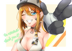 Rule 34 | 1girl, absurdres, armband, armpits, bandaid, bandaid on cheek, bandaid on face, bare shoulders, black choker, black gloves, blonde hair, blue eyes, breasts, choker, cleavage, clothes writing, collarbone, commentary request, commission, ear piercing, earpiece, fang, finger gun, glint, gloves, goddess of victory: nikke, grin, hair between eyes, highres, id card, large breasts, looking at viewer, maxwell (nikke), multiple piercings, piercing, short hair, short hair with long locks, sidelocks, skeb commission, smile, solo, sports bra, teeth, thank you, two-tone gloves, upper body, visor cap, white gloves, white sports bra, yumihama ema
