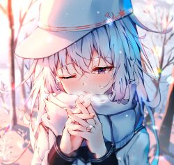 Rule 34 | 1girl, absurdres, blue eyes, breath, commentary request, dfd, flat cap, hammer and sickle, hat, hibiki (kancolle), highres, kantai collection, long hair, one eye closed, own hands clasped, own hands together, school uniform, serafuku, snow, solo, tree, upper body, verniy (kancolle), white hair, white hat