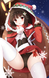 Rule 34 | !, !!, 1girl, :o, absurdres, animal ears, azur lane, bad id, bad pixiv id, belt, black hair, black panties, blush, breasts, breath, capelet, christmas, commentary request, crotch seam, fang, from below, hair ornament, hands up, highres, holding, holding sack, hood, knee up, long sleeves, looking at viewer, medium breasts, miniskirt, night, night sky, open mouth, panties, pom pom (clothes), qianqiu wanxia, red capelet, red eyes, red skirt, ribbed sweater, sack, santa costume, short hair, skirt, sky, sleeves past wrists, snowflakes, snowing, solo, sweater, thighhighs, underbust, underwear, white sweater, white thighhighs, winter, yamashiro (azur lane), yamashiro (holiday offensive) (azur lane)
