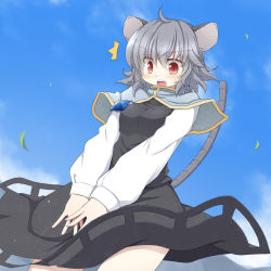 Rule 34 | 1girl, ahoge, animal ears, bad id, bad pixiv id, capelet, female focus, fuuen (akagaminanoka), grey hair, jewelry, mouse ears, mouse tail, nazrin, pendant, red eyes, short hair, skirt, skirt hold, skirt tug, solo, tail, touhou, v arms