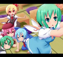 Rule 34 | 5girls, all fours, animal ears, antennae, ascot, asymmetrical hair, blonde hair, blue dress, blue eyes, blue hair, blush, bow, breasts, brown dress, child, cirno, daiyousei, danshi koukousei no nichijou, desk, dress, fairy wings, fang, female pervert, from below, green eyes, green hair, grey hair, hair bow, hair ribbon, hat, kneeling, kuromu (underporno), letterboxed, looking at another, multiple girls, mystia lorelei, no nose, open mouth, outstretched arms, parody, peeking, pervert, pillow, pink eyes, pink hair, red eyes, ribbon, rumia, shirt, side ponytail, sitting, skirt, skirt set, small breasts, spread arms, sweat, tatami, team 9 (touhou), touhou, upskirt, wings, wriggle nightbug