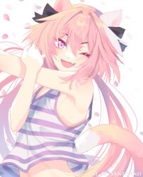 Rule 34 | 1boy, animal ears, artist name, astolfo (fate), astolfo (saber) (fate), cat boy, cat ears, cat tail, commentary, fang, fate/grand order, fate (series), hair between eyes, long hair, looking at viewer, one eye closed, open mouth, pink eyes, pink hair, simple background, skin fang, solo, srinitybeast, tail, tongue, trap, watermark, white background