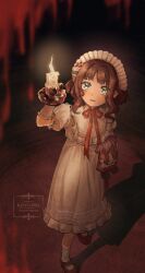 Rule 34 | 1girl, ambiguous red liquid, artist name, blurry, blurry foreground, brown hair, candle, chin strap, dark background, doll, dress, eagle (reverse:1999), fire, frilled dress, frilled hairband, frills, full body, gloves, green eyes, hairband, hand up, highres, holding, holding candle, holding doll, kanatahiba, long dress, looking at viewer, mary janes, official alternate costume, open mouth, puffy short sleeves, puffy sleeves, red footwear, red ribbon, reverse:1999, ribbon, shadow, shoes, short hair, short sleeves, socks, solo, standing, white dress, white gloves, white hairband, white socks
