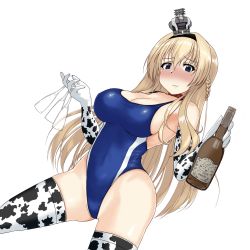 Rule 34 | 1girl, alcohol, animal print, blonde hair, blue eyes, blue one-piece swimsuit, blush, bottle, braid, breasts, cleavage, competition swimsuit, cow print, cowboy shot, cup, drinking glass, elbow gloves, french braid, gloves, highleg, highleg swimsuit, highres, holding, kantai collection, kinakomochi (testament05), long hair, looking at viewer, medium breasts, nose blush, one-piece swimsuit, simple background, solo, swimsuit, thighhighs, warspite (kancolle), white background, white gloves, white thighhighs, wine, wine glass