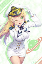 Rule 34 | 1girl, arm behind back, blonde hair, blunt bangs, blush, breasts, buttons, cowboy shot, double-breasted, drill hair, drop shadow, floating hair, gloves, green eyes, hand gesture, hat, heanna sumire, highres, large breasts, leaning forward, long hair, long sleeves, looking at viewer, love live!, love live! superstar!!, military, military hat, military uniform, miniskirt, neckerchief, novady, one eye closed, open mouth, pencil skirt, side drill, simple background, skirt, smile, solo, striped, striped neckerchief, thighs, tight clothes, twin drills, uniform, upturned eyes, white gloves, white skirt, wind, wind lift, wink