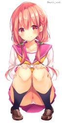 Rule 34 | 1girl, blush, green scrunchie, highres, hinako note, looking at viewer, low twintails, march-bunny, panties, partially visible vulva, pink hair, pussy, sakuragi hinako, school uniform, scrunchie, solo, squatting, twintails, underwear