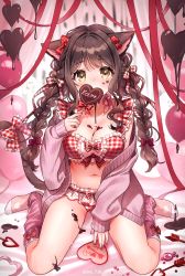 Rule 34 | 1girl, animal ears, balloon, bed, blush, braid, breasts, brown hair, candy, cat ears, cat girl, cat tail, chocolate, chocolate on body, chocolate on breasts, cleavage, coat, covering own mouth, dripping, fingernails, food, food on body, food on breasts, full body, hair ribbon, heart, highres, indoors, iro 178, lollipop, looking at viewer, medium breasts, nail polish, navel, original, revision, ribbon, sitting, solo, stomach, tail, thighs, twintails, underwear, valentine, yellow eyes