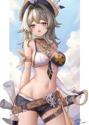 Rule 34 | 1girl, :d, bare arms, bare shoulders, belt, bikini, black shorts, blue eyes, blue sky, braid, breasts, brown belt, cloud, commentary request, cowboy shot, day, gloves, grey hair, hair intakes, hat, hat feather, highres, honkai (series), honkai impact 3rd, large breasts, long hair, looking at viewer, navel, open mouth, outdoors, scabbard, sheath, sheathed, short shorts, shorts, sky, smile, solo, standing, stomach, swimsuit, sword, thigh strap, thighs, vill-v, weapon, white gloves, yelan xing xuan