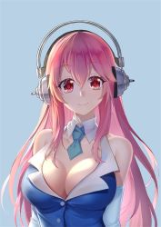 Rule 34 | 1girl, andy h, bare shoulders, breasts, cleavage, elbow gloves, gloves, headphones, large breasts, looking at viewer, nitroplus, pink eyes, pink hair, smile, solo, super sonico, upper body