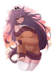 Rule 34 | 1girl, black eyes, blush, breasts, brown hair, hair ornament, highres, large breasts, long hair, looking at viewer, messy hair, off-shoulder sweater, off shoulder, original, skull hair ornament, sweater, thick thighs, thighhighs, thighs, usa37107692, zettai ryouiki