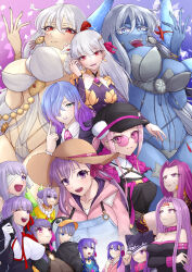 Rule 34 | 6+girls, animal hood, bandage over one eye, bandages, bb (fate), bb (fate/extra), black dress, black headwear, blue eyes, blue hair, blue overalls, blue skin, breasts, cabbie hat, cerejeira elron, closed mouth, collar, colored skin, commentary request, detached sleeves, dress, durga (fate), earrings, extra arms, fairy wings, fate/extra, fate/extra ccc, fate/grand order, fate/stay night, fate (series), flower, forehead tattoo, gorgon (fate), gradient hair, green eyes, hair between eyes, hair flower, hair ornament, hair over one eye, hair ribbon, hat, highres, holding, hood, hood down, hood up, hoodie, index finger raised, indian clothes, japanese clothes, jewelry, kali (fate), kama (fate), kasuga no tsubone (fate), kazuradrop (fate), kikyouta, kimono, kingprotea (fate), large breasts, long hair, looking at viewer, looking up, matou sakura, medusa (fate), medusa (lancer) (fate), medusa (rider) (fate), medusa (saber) (fate), meltryllis, meltryllis (fate), meltryllis (swimsuit lancer) (fate), multicolored hair, multiple girls, neck ribbon, necktie, one eye closed, one eye covered, open mouth, overalls, parvati (fate), passionlip (fate), penguin hood, pink-tinted eyewear, pink eyes, pink flower, pink hair, pink hoodie, pink kimono, pink necktie, pink ribbon, ponytail, purple eyes, purple hair, red eyes, red ribbon, revealing clothes, ribbon, rider, round eyewear, short hair, smile, straight hair, straw hat, sunglasses, sweatdrop, tattoo, teeth, tinted eyewear, tongue, tongue out, trait connection, upper teeth only, very long hair, white hair, wings