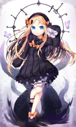 Rule 34 | 1girl, abigail williams (fate), absurdres, arm up, black bow, black dress, black footwear, black hat, blonde hair, bloomers, blue eyes, blush, bow, bug, butterfly, commentary request, dress, fate/grand order, fate (series), forehead, gunjou row, hair bow, hat, highres, insect, key, long hair, long sleeves, looking at viewer, mary janes, orange bow, parted bangs, parted lips, polka dot, polka dot bow, shoes, sleeves past fingers, sleeves past wrists, solo, standing, standing on one leg, suction cups, tentacles, underwear, very long hair, white bloomers