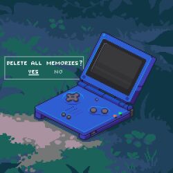 Rule 34 | arkhai, commentary, english text, game boy advance sp, grass, handheld game console, highres, nintendo, no humans, outdoors, pixel art, symbol-only commentary